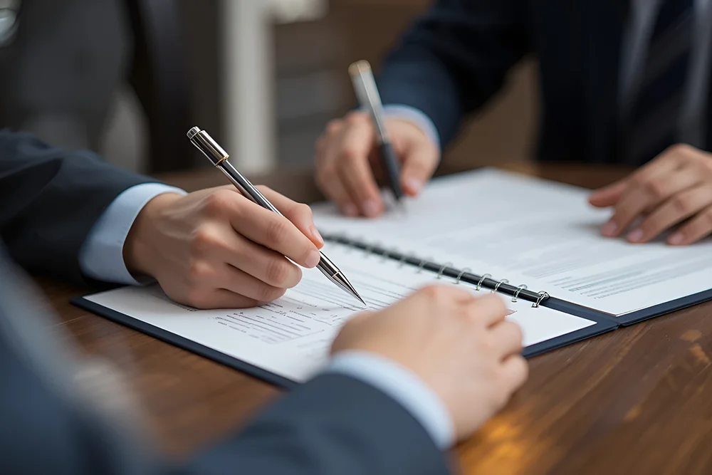 Nahaufnahme einer Hand, die Papiere neben einem Laptop durchblättert.